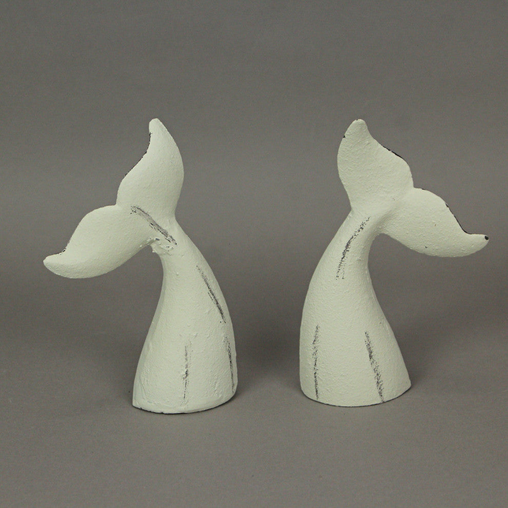 Set of 2 White Cast Iron Whale Tail Bookends Nautical Home Decor Bookshelf
