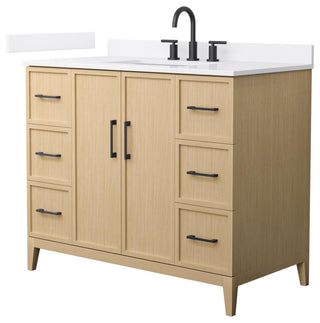 Elan 42" Single Vanity, White Oak, White Quartz Top, 3-Hole, Black Trim
