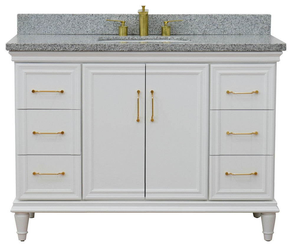 49" Single Sink Vanity, White Finish With Gray Granite and Rectangle Sink