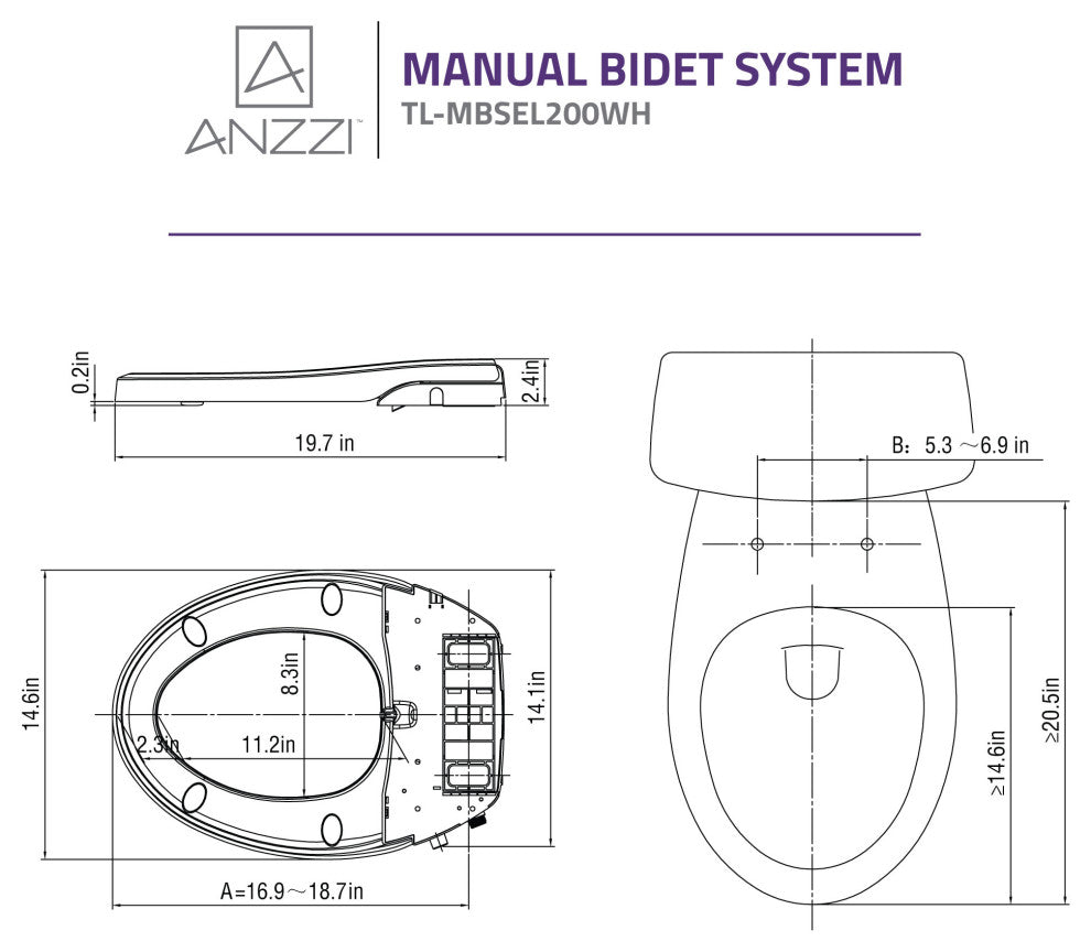 ANZZI White Manual Soft Close Bidet Seat With Dual Nozzle, Elongated Toilets