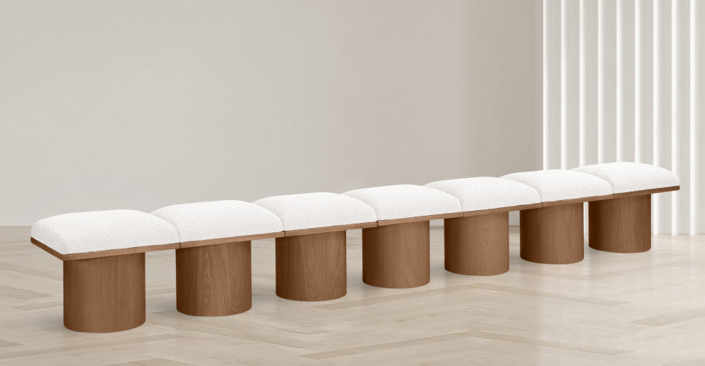 Pavilion Boucle Fabric Upholstered 7-Piece Modular Bench, Cream, Walnut Finish