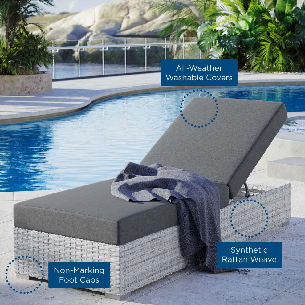 Lounge Chair Chaise, Rattan, Wicker, Gray, Modern, Outdoor Patio Bistro