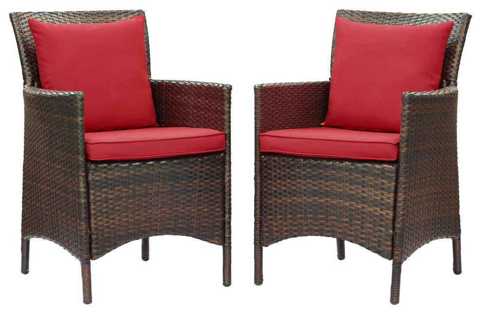 Side Dining Chair Armchair, Set of 2, Rattan, Wicker, Brown Red, Modern, Outdoor