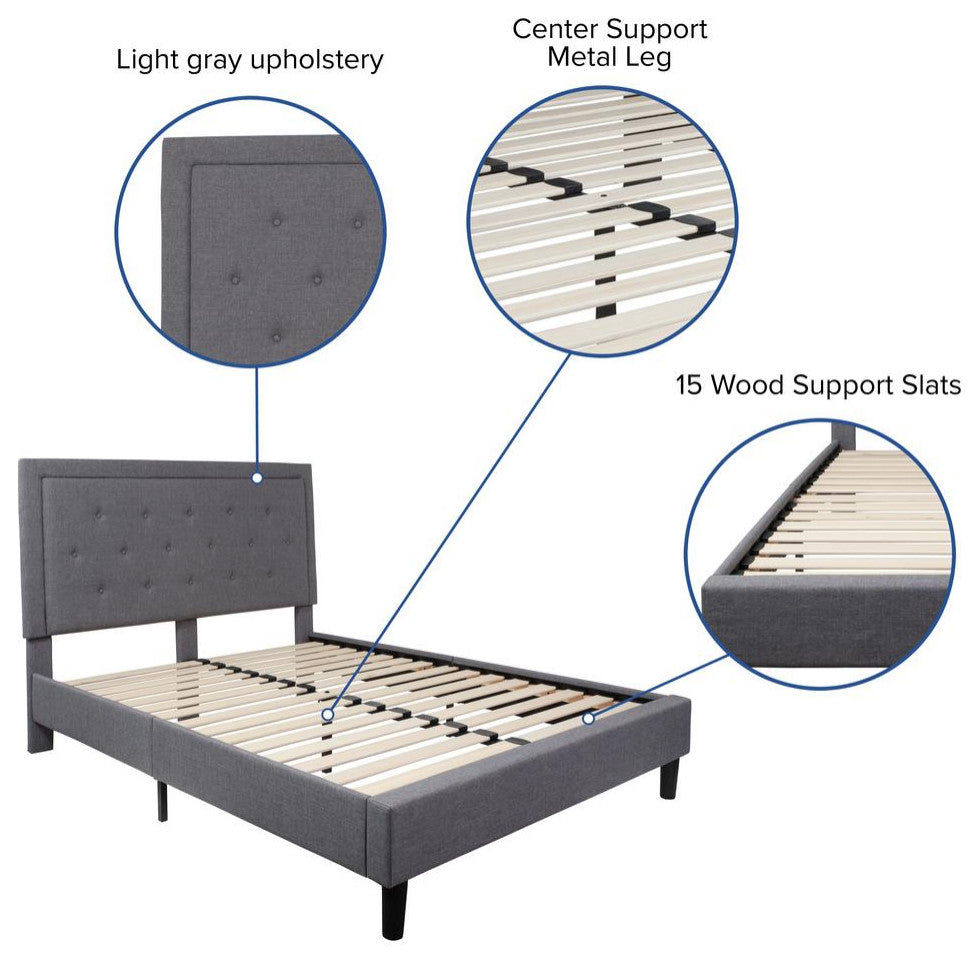 Roxbury Tufted Upholstered Platform Bed -10 Inch Foam & Pocket Spring Mattress, Light Gray, Queen