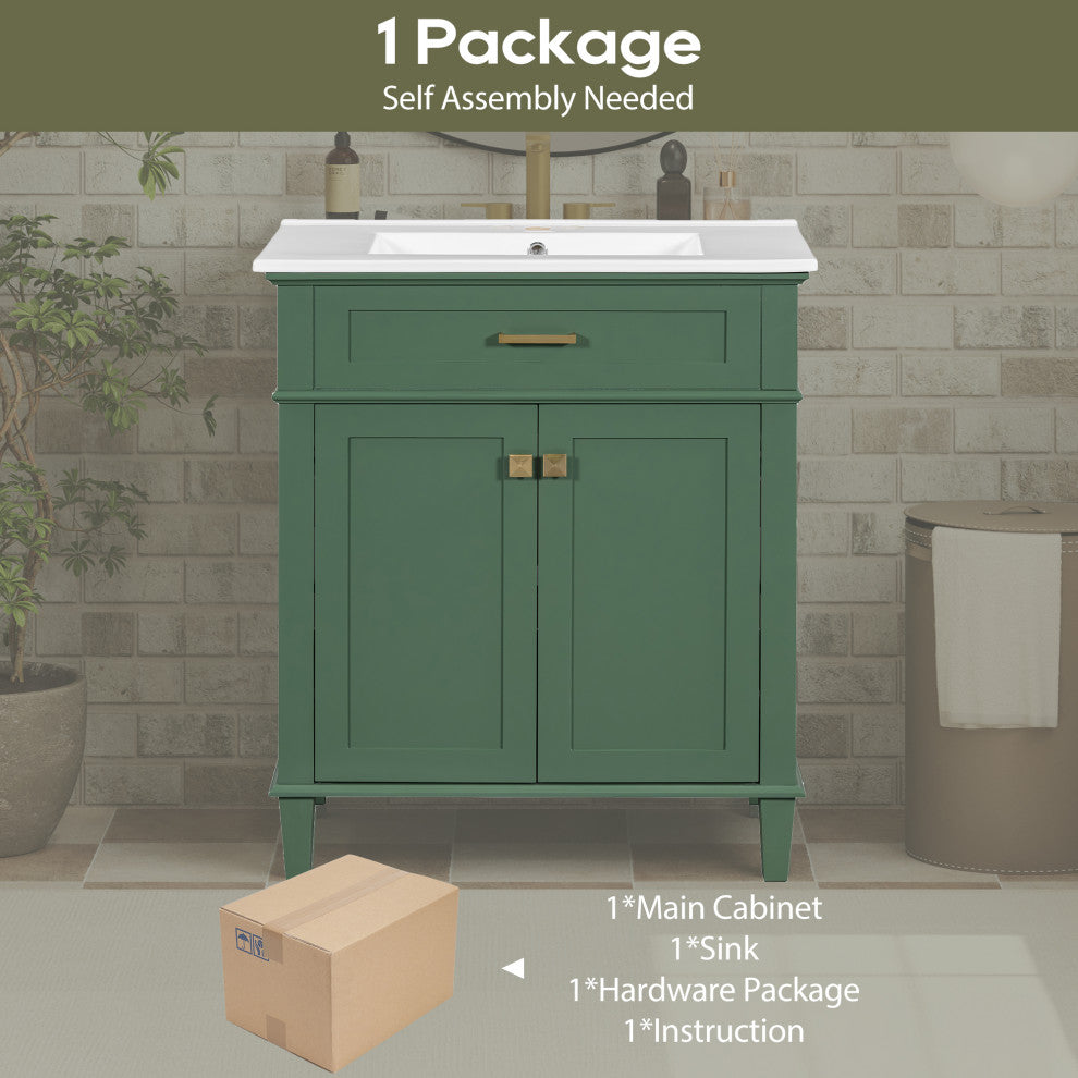 30 Inch Bathroom Vanity with Ceramic Basin, Soft-close Door, Green