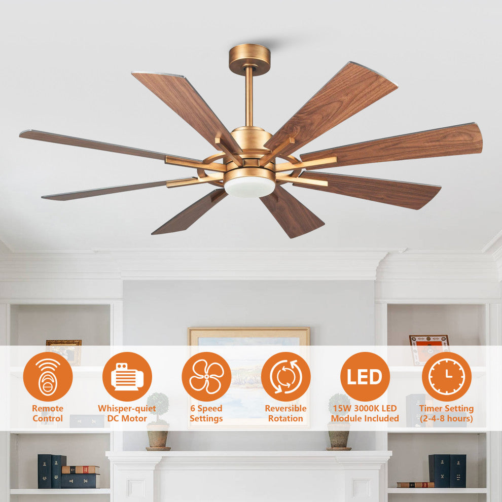 60" Indoor/Outdoor Windmill 8-Blade Gold Ceiling Fan with Remote and DC Motor