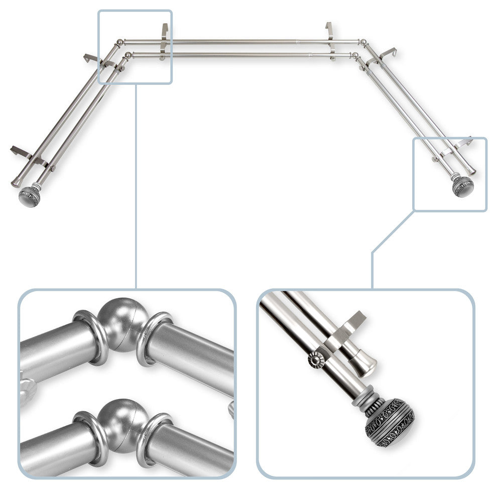 Ornament Bay Window Double Curtain Rod, Satin Nickel