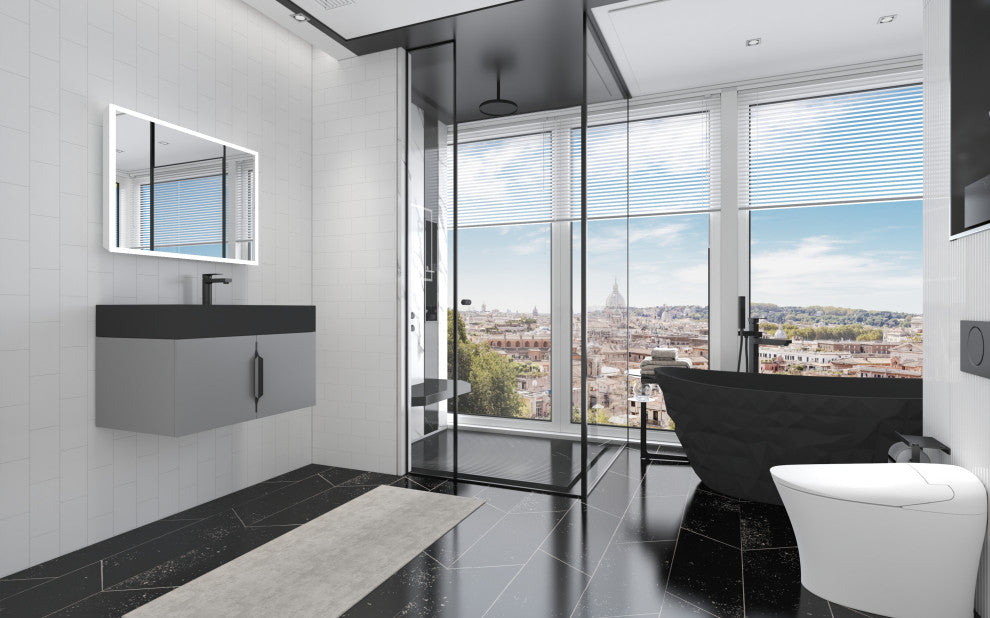 CastelloUSA Amazon 30" Right Wall Mounted Bathroom Vanity Set, Gray, Black Top, Black Handles