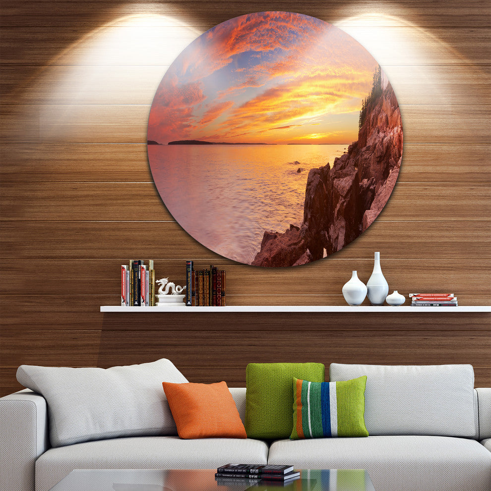 Bass Harbor Head Lighthouse Panorama, Seascape Round Metal Artwork, 36"