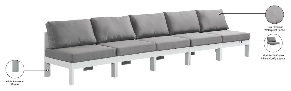 Nizuc Water Resistant Patio Modular Straight Sofa, Gray, 5-Piece: 5 Armless Chair, White Aluminum Frame