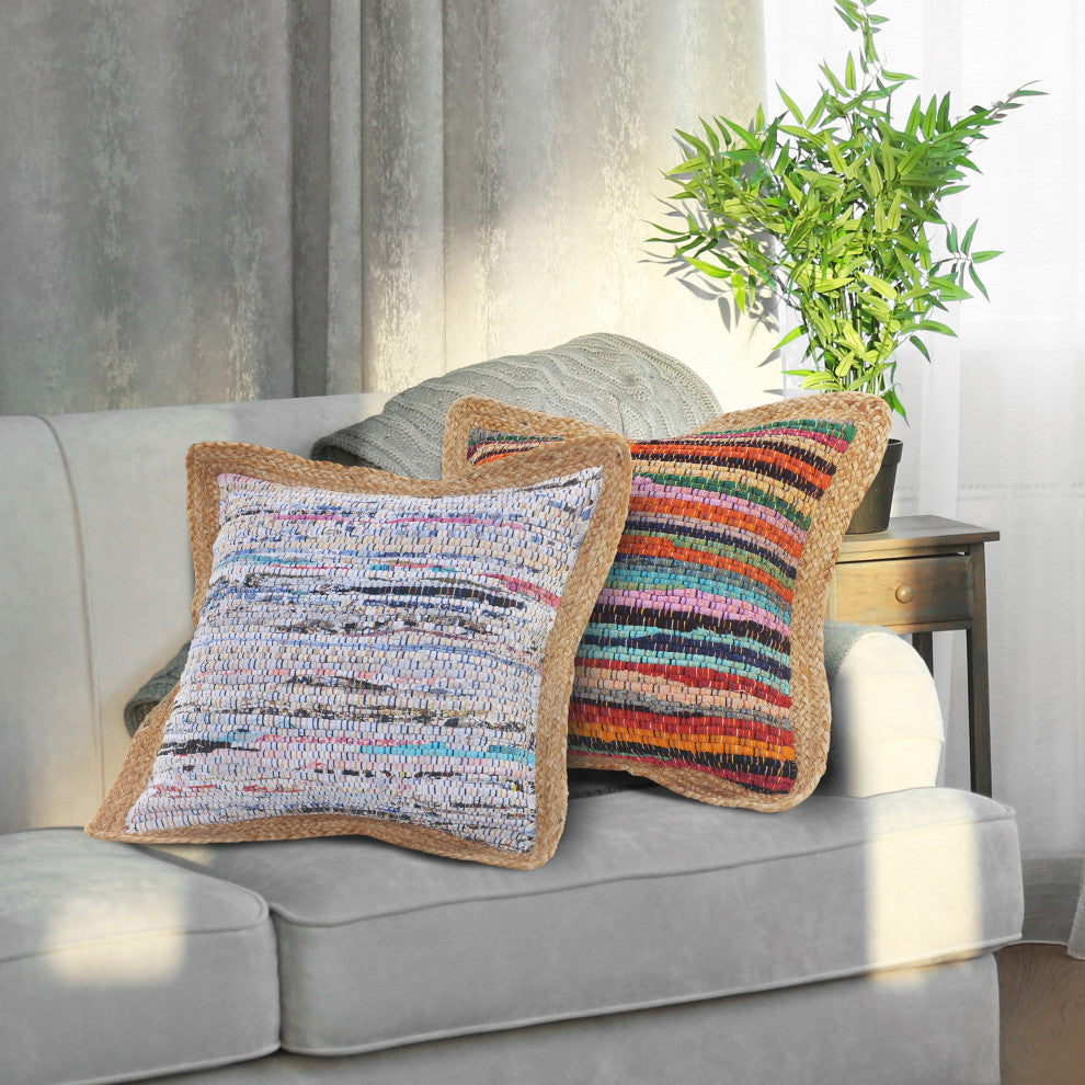 White Multicolored Chindi Jute Bordered Throw Pillow