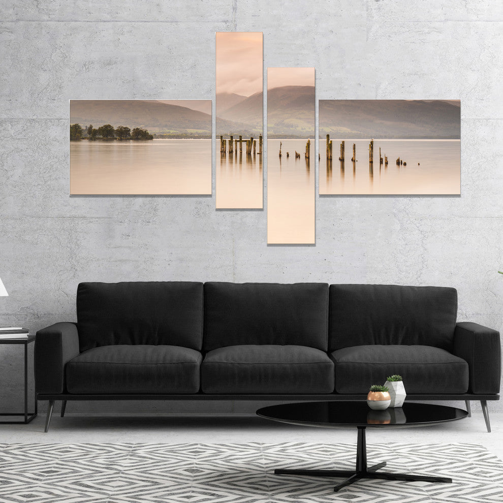 Loch Lomond Jetty and Mountains, Large Landscape Canvas Art, 60"x32", 4 panels