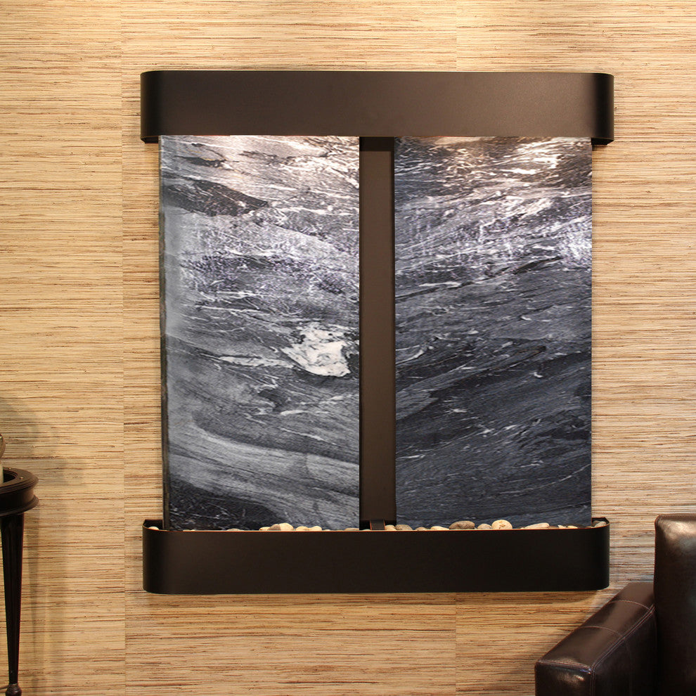 Aspen Falls Water Fountain, Black Spider Marble, Blackened Copper, Round