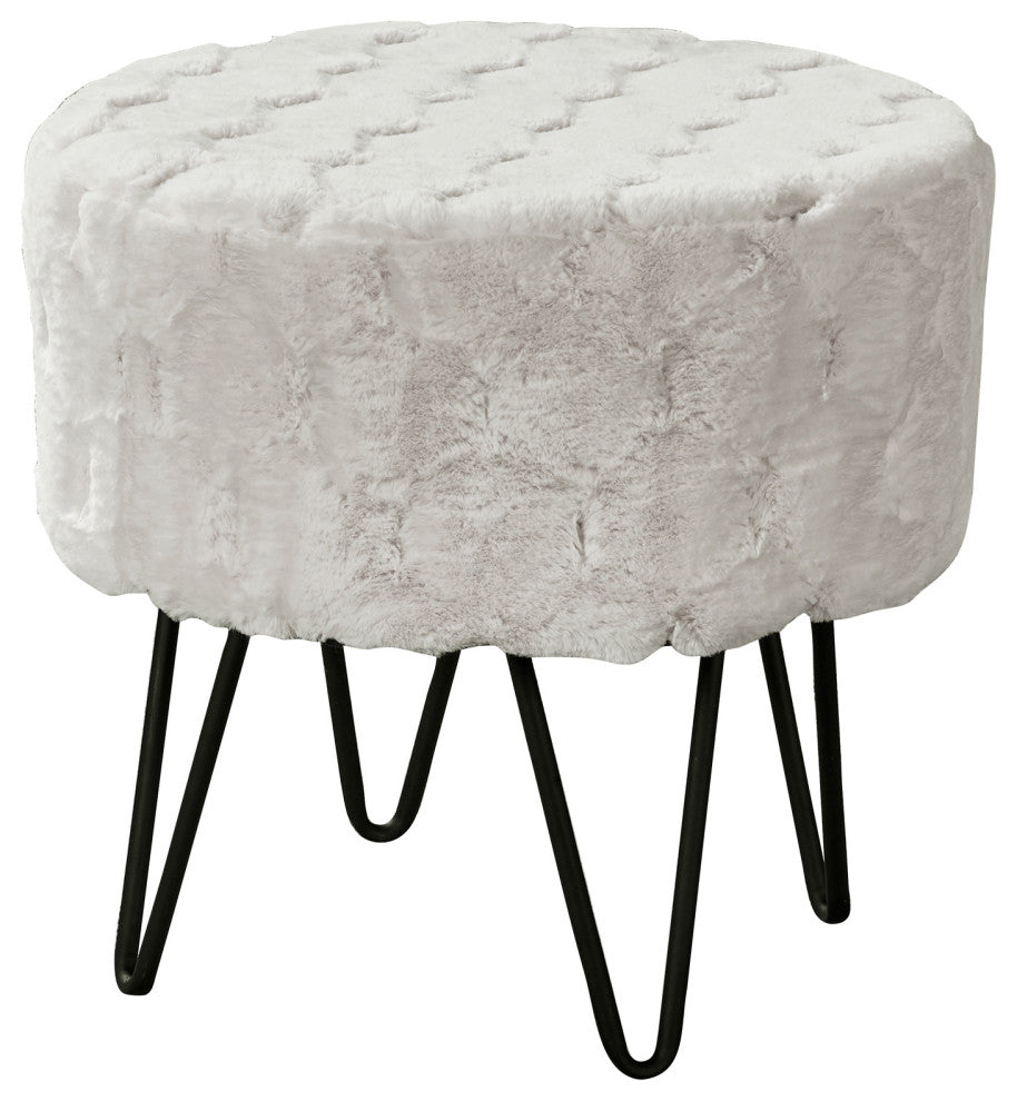 Jacquard Solid Faux Fur Round Ottoman, 18" x 18" x 18", White Sands