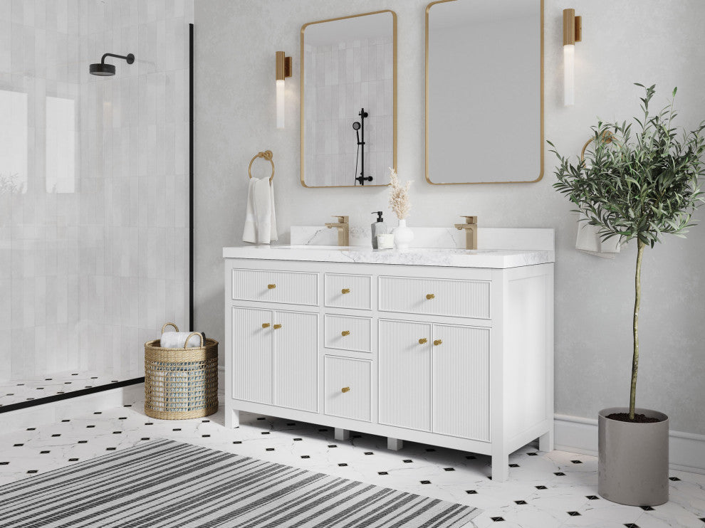 Sonoma 60 Double Sink Reeded Bathroom Vanity in White 2" Empira White