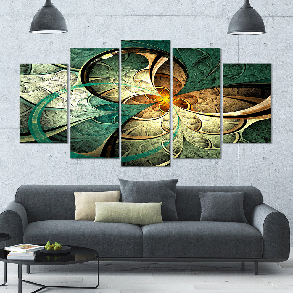 Dark Yellow Green Fractal Flower, Abstract Canvas Art Print, 60"x32", 5 Panels