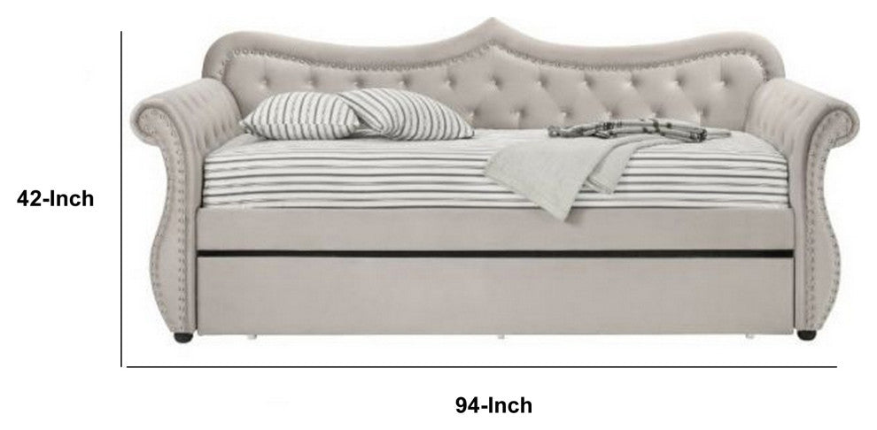 Benzara Wood Daybed With Trundle, Button Tufted With Nailhead Trim, Beige
