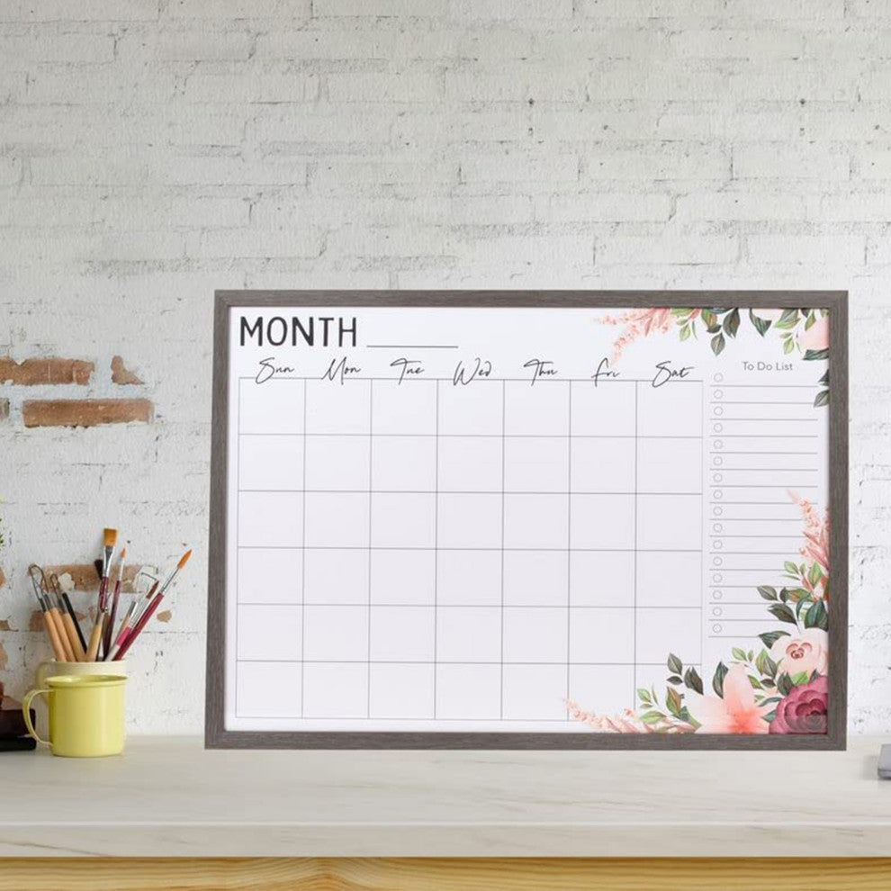 Dry Erase Monthly Whiteboard Calendar With Gray Wood Effect Frame, 18"x24"