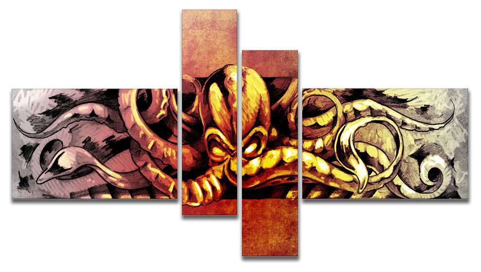 Octopus Sketch in Yellow Shade, Animal Canvas Art Print, 60"x32", 4 panels