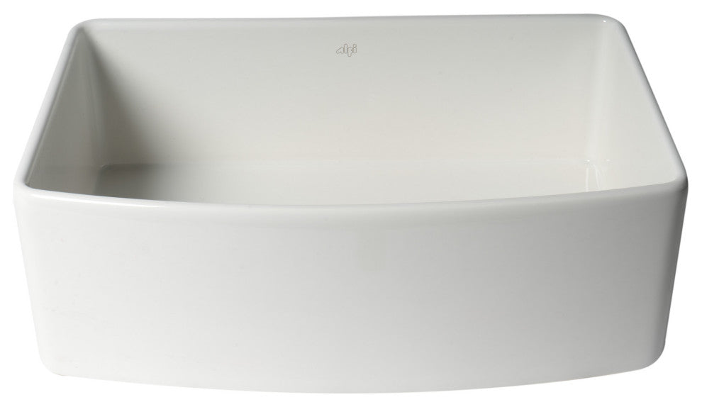 ALFI Brand ABFC3020-W Smooth Curved Apron One Bowl Fireclay Farm Sink with Grid