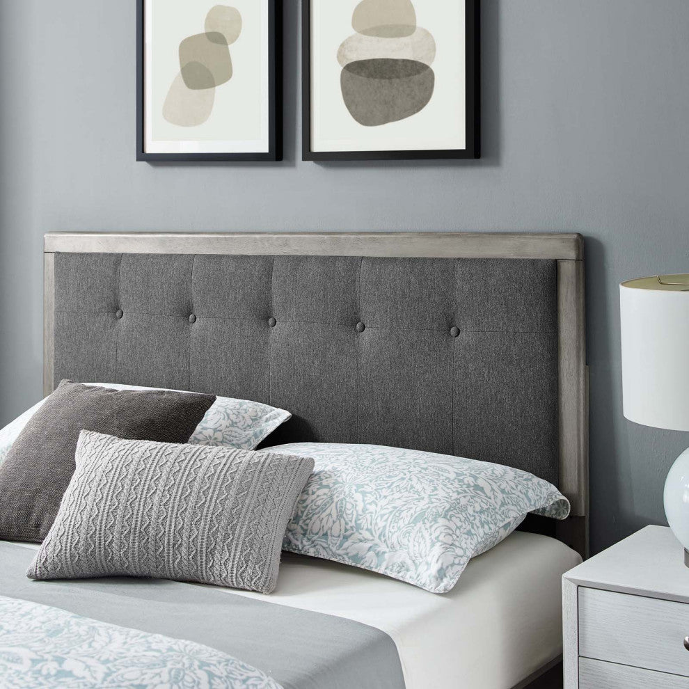Platform Bed Frame, Queen Size, Fabric, Wood, Gray, Modern Mid-Century
