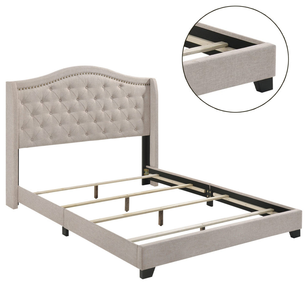 Camel Back Queen Bed Button Tufting in Beige