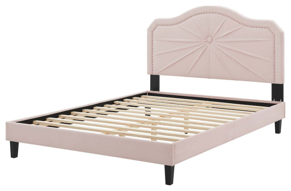 Platform Bed Frame, Full Size, Velvet, Pink, Modern Contemporary, Bedroom Master