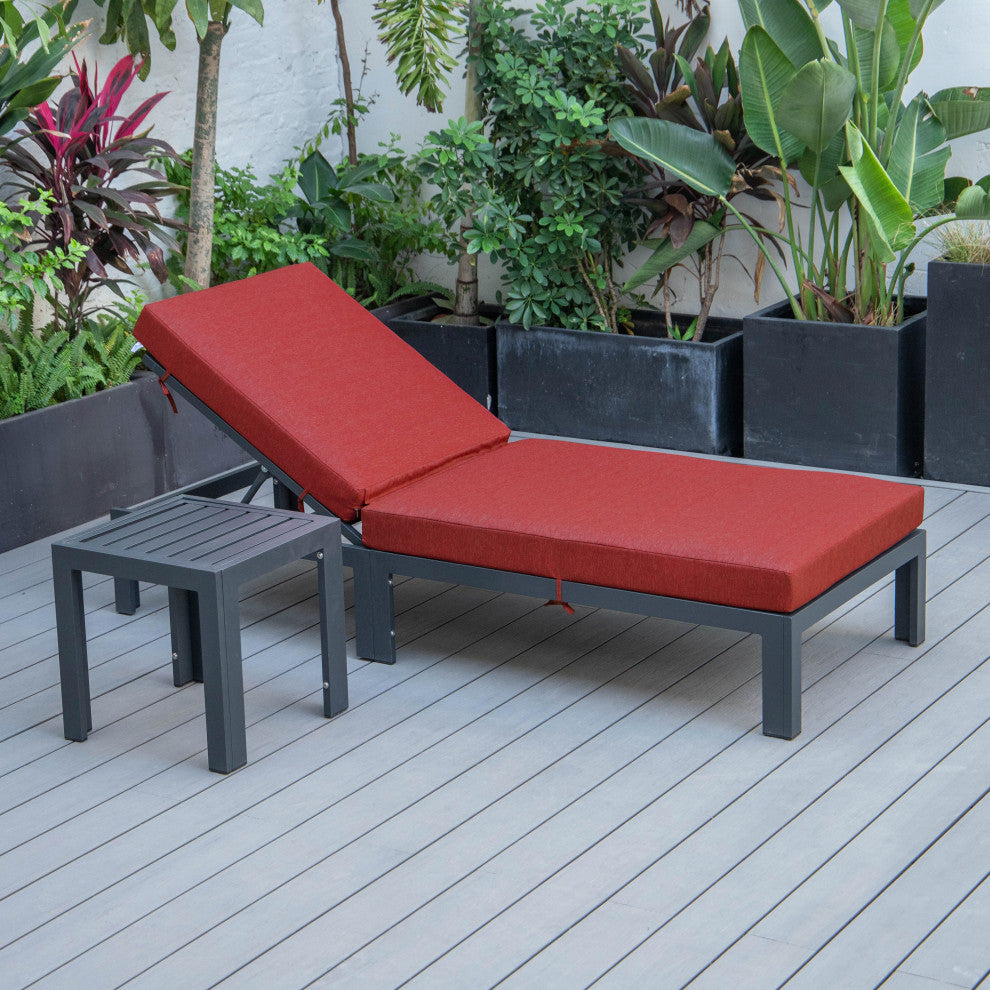LeisureMod Chelsea Chaise Lounge Chair With Cushions & Side Table, Red