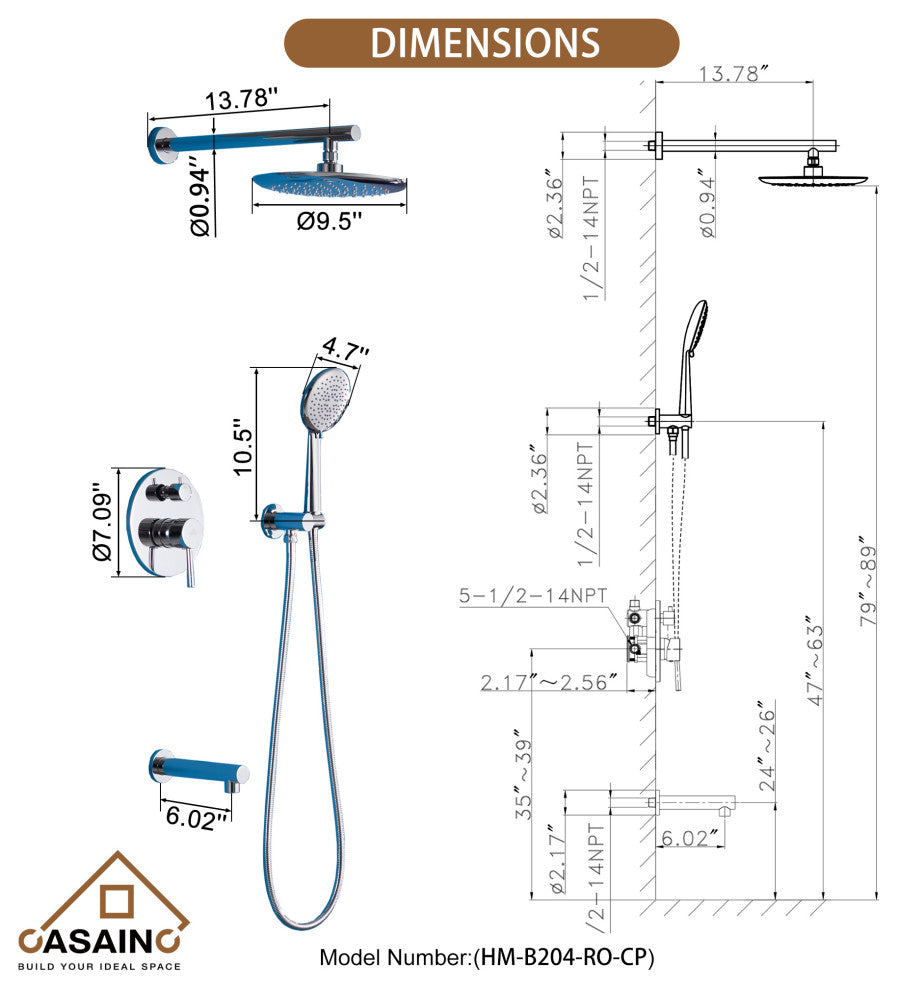 9.5 inch Wall-mounted Complete Shower System with Handheld and Tub Spout, Chrome