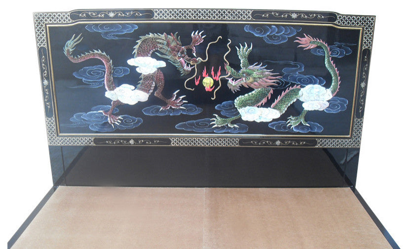 Oriental Bed, Chinese Black Lacquer Hand Painted Dragons, 80" King