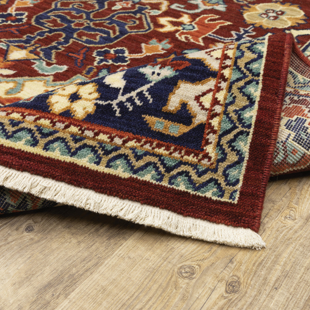 Lizbeth Traditional Border Red/Blue Wool Blend Fringed Area Rug, 2'X6'