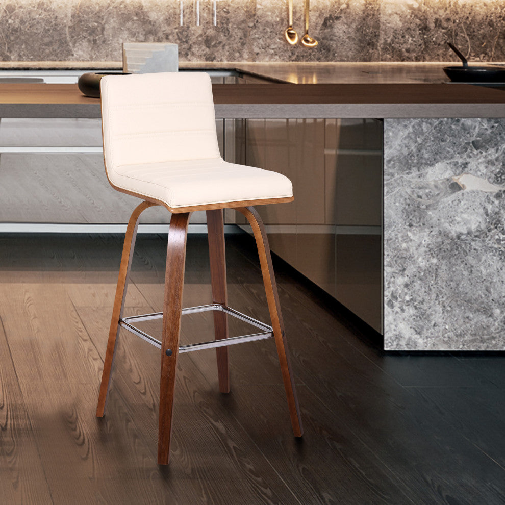 30" Cream Faux Leather Wooden Swivel Bar Stool