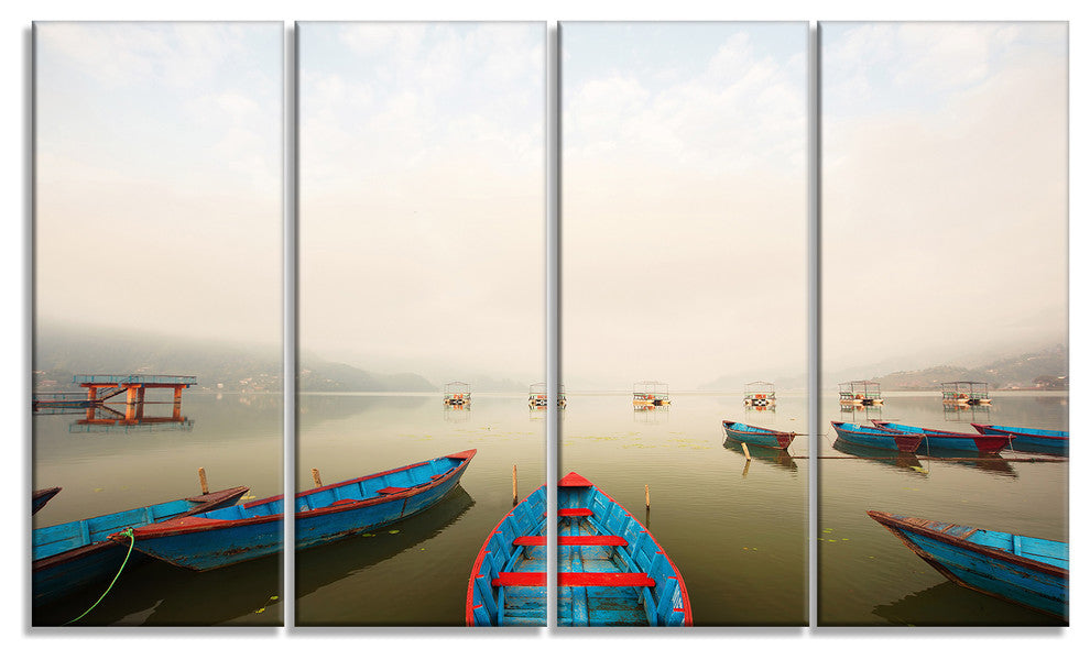 Moving Boats in Mountain Lake, Boat Canvas Art Print, 48"x28", 4 Panels