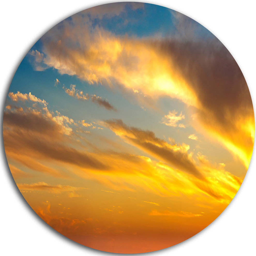 Amazing Golden Sky At Sunset, Modern Seashore Disc Metal Artwork, 11"