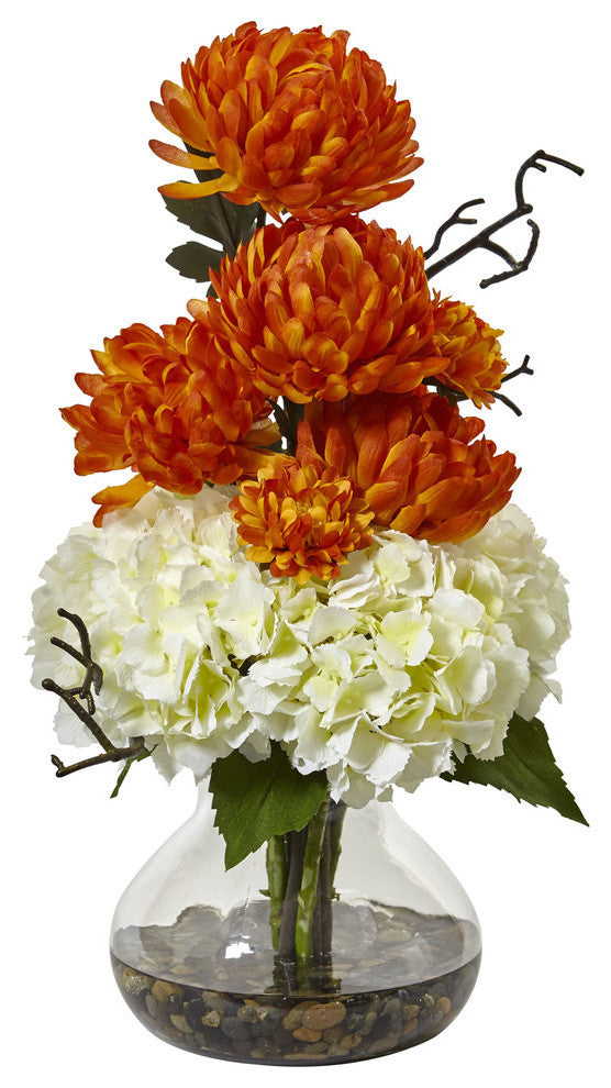 Hydrangea and Mum, Vase, White Orange