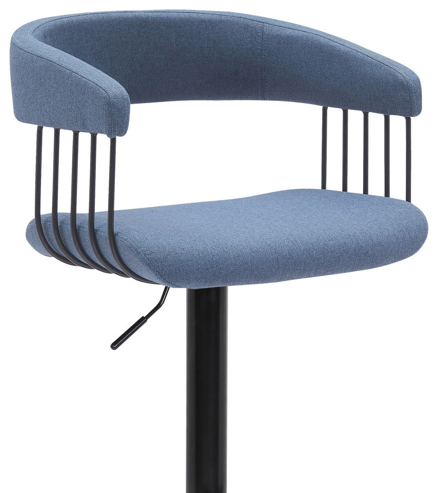 Calista Adjustable Bar Stool, Blue Fabric With Black Metal, Blue