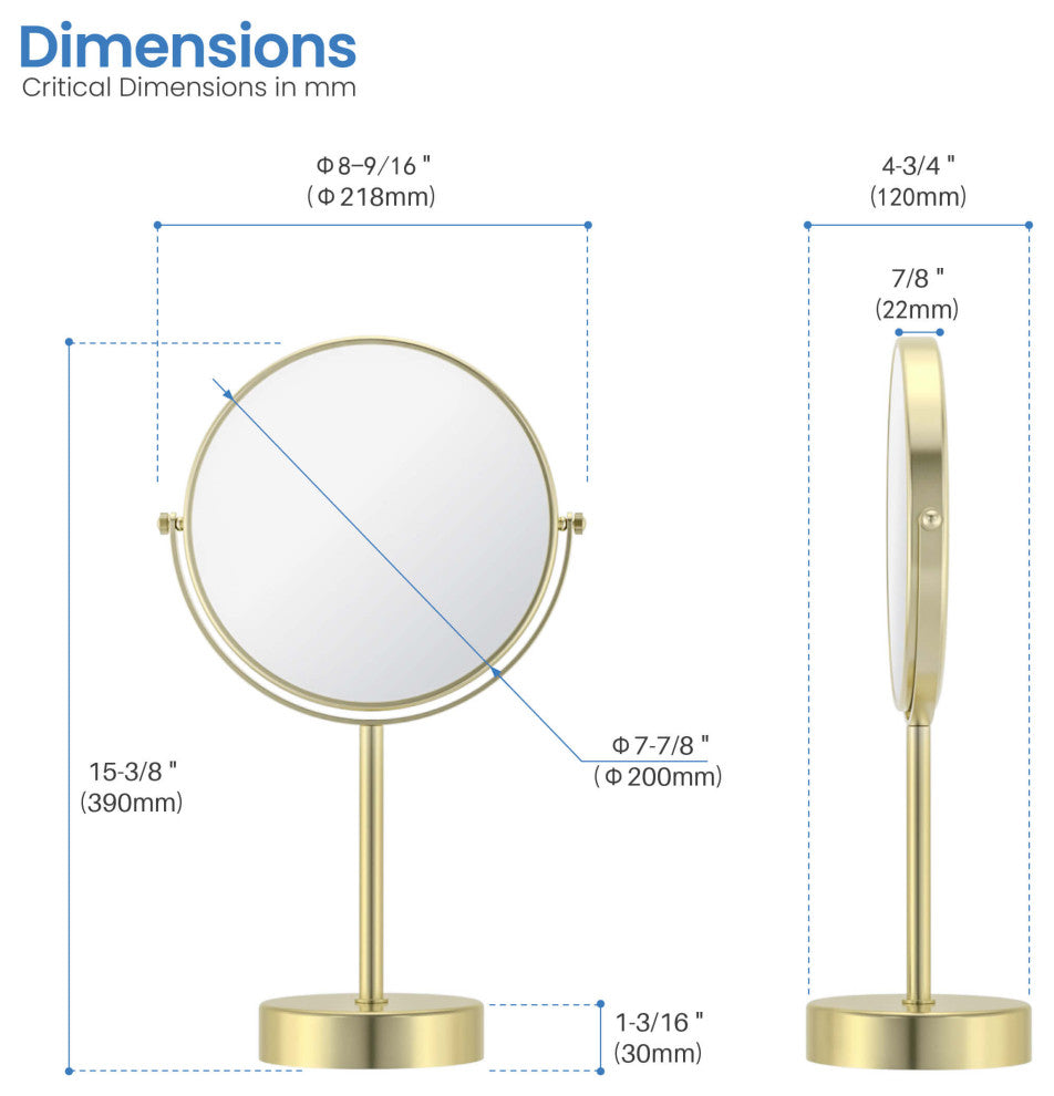 Circular Free Standing Magnifying Make Up Mirror, Brushed Gold