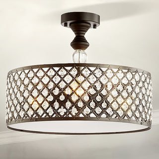 Elise 17" 3-Light Crystal and Metal Drum Semi-Flush Mount, Black