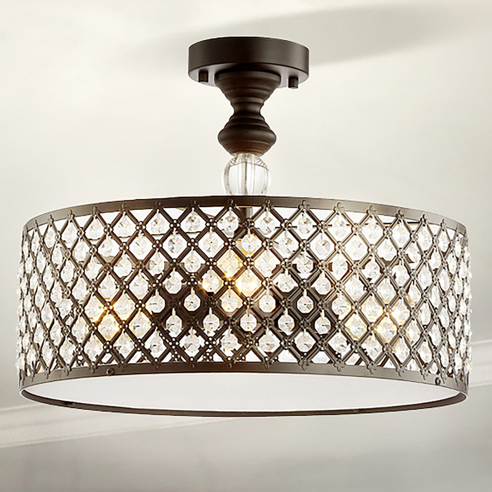 Elise 17" 3-Light Crystal and Metal Drum Semi-Flush Mount, Black