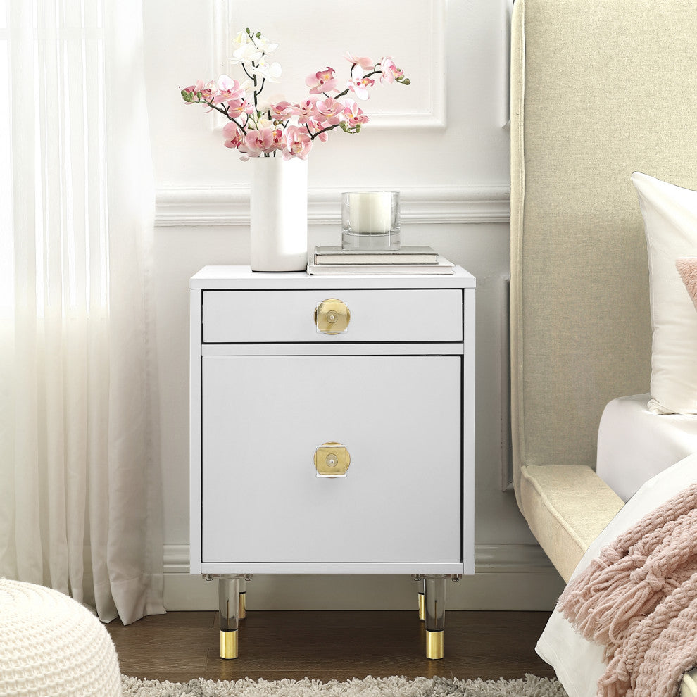 Nicole Miller Anatolio Nightstand High Gloss Acrylic Knob and Legs, White