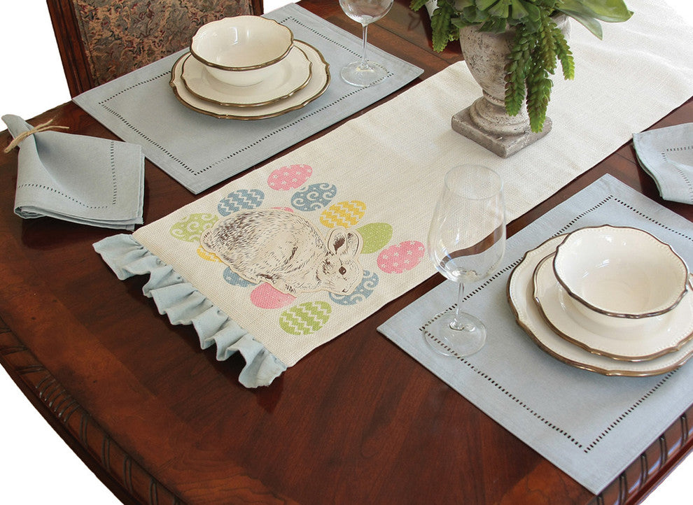 Bunny Eggs Printed Applique Jute Easter Table Runner, 13.5"x36"