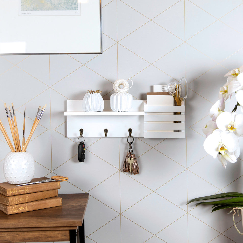 Danya B. Utility Shelf With Pocket and Hanging Hooks, White