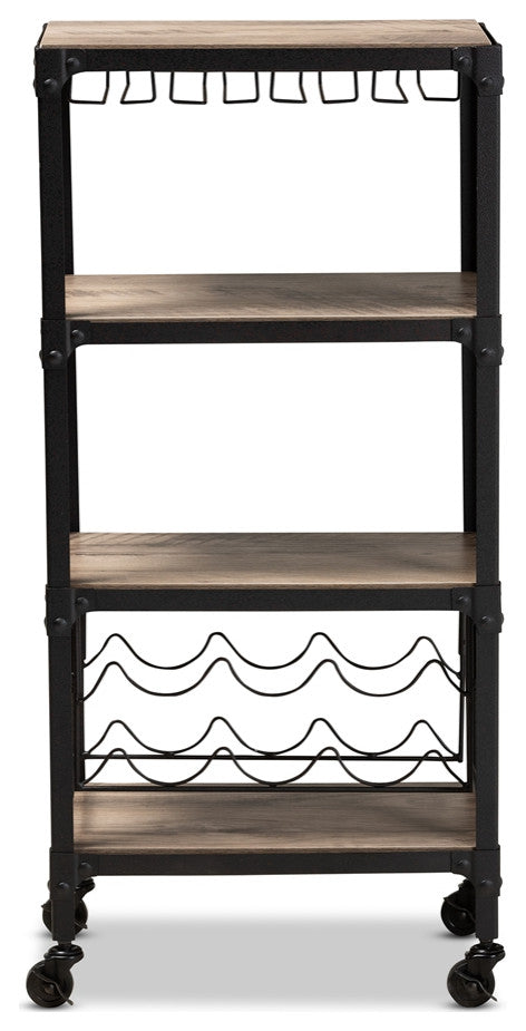 Industrial Style Metal Distressed Oak Finished Wood Mobile Kitchen Bar Wine Cart