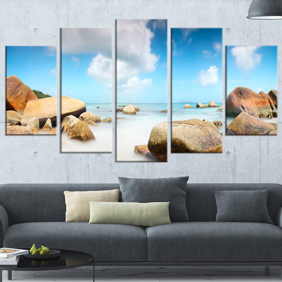 "Rocky Blue Seashore Panorama" Wall Art Landscape, 5 Panels, 60"x32"