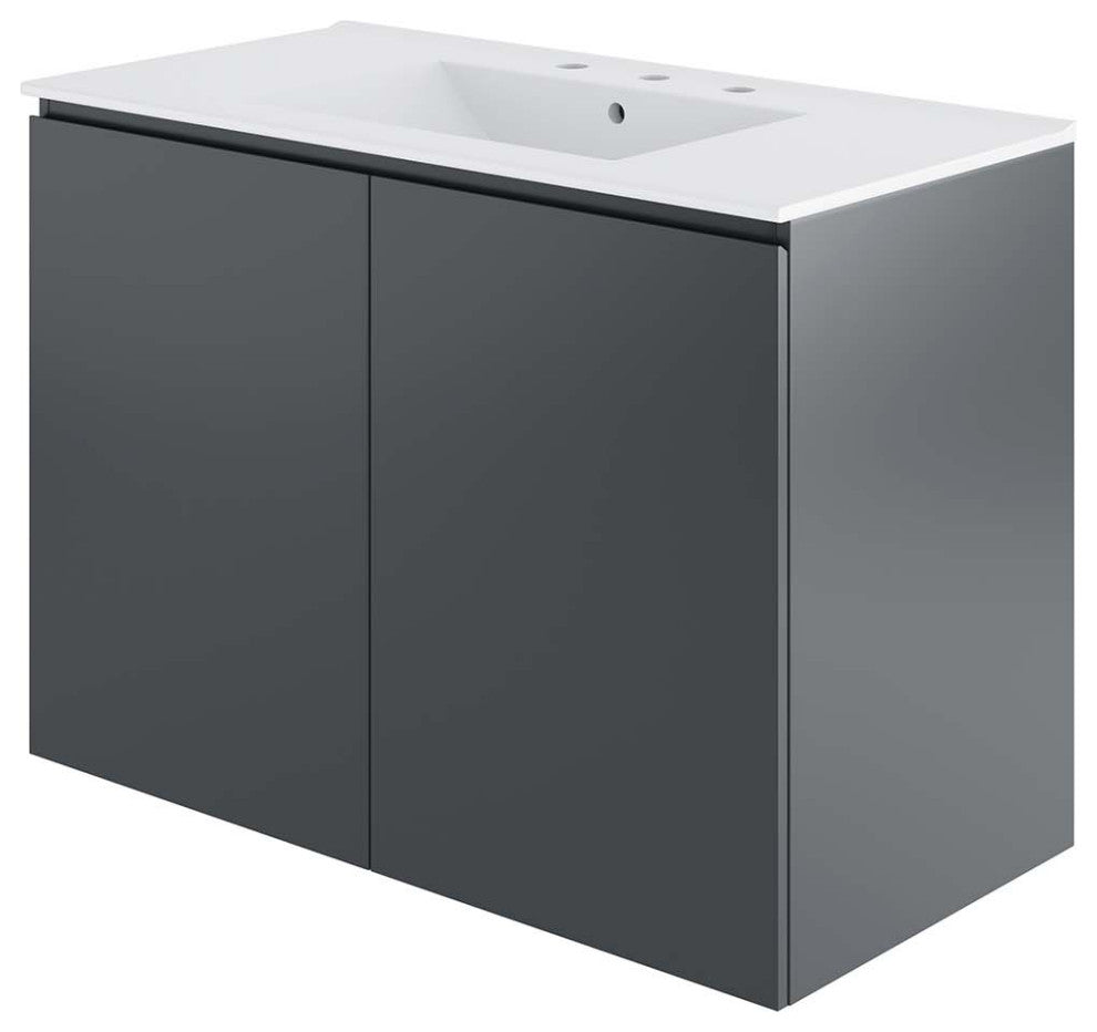 Sink Vanity Cabinet, Wall Mount, White Gray, Ceramic, Modern, Bathroom
