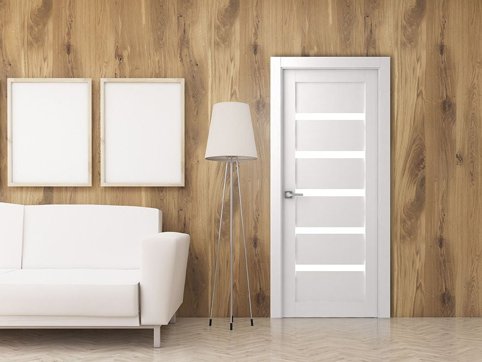 Leora Bianco Noble with Concealed Hinges, Tempered Frosted Glass, Solid Core, 32" X 80", Left-Hand
