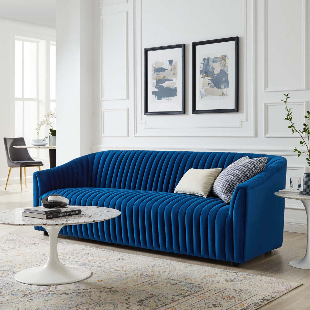 Tufted Sofa, Blue Navy, Velvet, Modern, Mid Century Hotel Lounge Cafe Lobby
