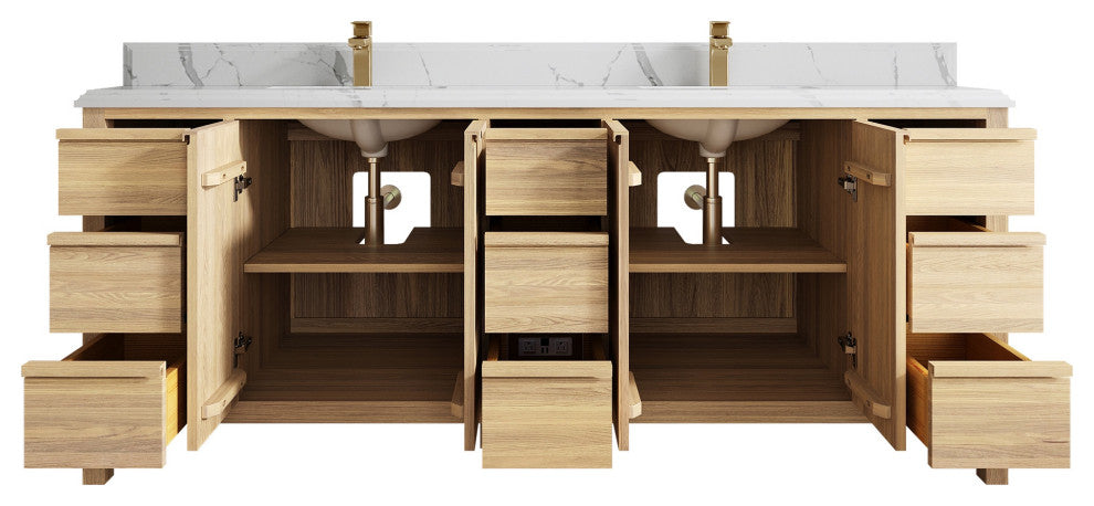 Elizabeth Oak 84" Double Sink Vanity, White 1.5" Calacatta Laza