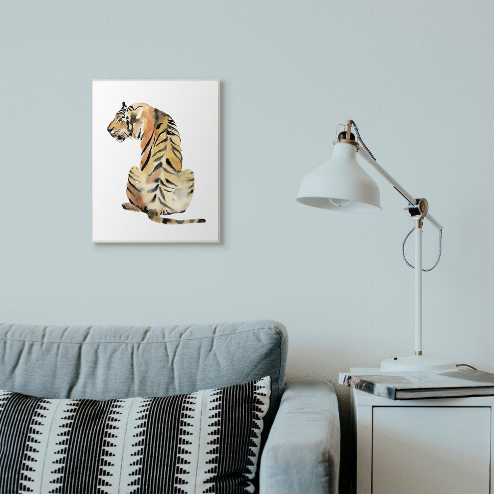 Tiger Posture Animal Watercolor Painting, 13"x19", Wood Art