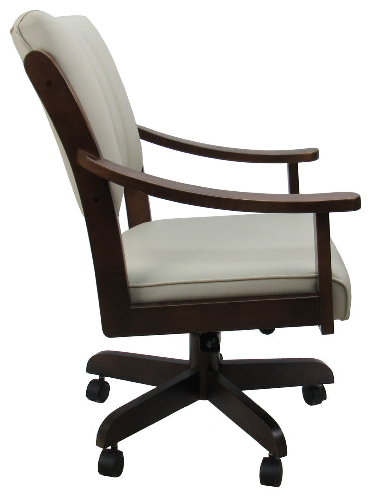 Swivel Wood Dining Caster Chair with Wheels - Casa, Ocean Beige Vinyl, Brown Honey
